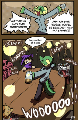 alcohol anthro beer_mug beverage bubble cheering dialogue drunk drunk_bubble eyewear eyewear_on_head female goggles goggles_on_head horn male standing_on_table substance_intoxication text brradett microsoft the_elder_scrolls lernie_(brradett) tim_(brradett) argonian human mammal scalie absurd_res comic english_text hi_res