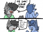 anthro blue_body blue_fur death dialogue duo fur grey_body grey_fur humor joke male text arrwulf canid canine canis fox mammal wolf 4:3 comic english_text