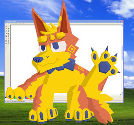 anthro blonde_eyebrows blue_bow_tie blue_eyes blue_nose blue_pawpads bow_tie bow_tie_only claws eyebrow_scar eyebrows facial_scar fur fur_markings gesture leaning looking_at_viewer male markings mostly_nude orange_body orange_fur pawpads scar simple_coloring sitting sitting_on_ledge solo waving waving_at_viewer window_(computing) yellow_body yellow_fur garbage_art bliss_(image) microsoft microsoft_windows windows_xp fancy_dawg canid canine canis domestic_dog mammal digital_media_(artwork) hi_res microsoft_paint_(artwork) shaded simple_shading