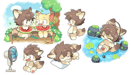 anthro asian_clothing bench brown_body brown_eyes brown_hair chibi clothed clothing container countershading duo east_asian_clothing eating_watermelon electric_fan fangs fishing_rod food fruit fundoshi fundoshi_only hair japanese_clothing kemono lily_pad looking_aside looking_at_another male melon navel nude on_bench open_mouth orange_body outie_navel partially_submerged pawpads pillow plant simple_background sitting sitting_on_bench sitting_on_ground slightly_chubby smile solo teeth topless tree underwear underwear_only watermelon watermelon_slice white_background dogblin canid canine fox mammal 2026 chinese_description hi_res
