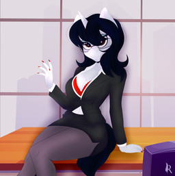anthro bottomwear bra chair clothing colored_nails desk eyewear female freckled_face freckles furniture glasses horn legwear nails office open_blouse pantyhose sitting_on_desk skirt solo suit table text underwear waiving digiqrow mythology equid equine horse mammal mythological_creature mythological_equine pony unicorn absurd_res english_text hi_res