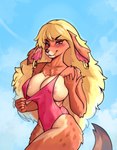 5_fingers amber_eyes anthro areola areola_slip beckoning big_breasts black_nose blonde_hair blush breasts brown_body brown_fur chest_tuft cleavage clothed clothing clothing_pull cloud ear_piercing ear_ring female fingers fur gesture gift hair half-closed_eyes long_hair looking_at_viewer multicolored_body multicolored_fur narrowed_eyes nipple_outline one-piece_swimsuit outside piercing ring_piercing sky smile solo standing swimwear tan_body tan_fur tuft two_tone_body two_tone_fur allanel maple_(cyancapsule) canid canine canis domestic_dog mammal 2021 absurd_res hi_res