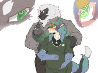 anthro black_body black_fur blue_body blue_fur blue_hair blush claws entwined_tails eye_contact finger_claws fur green_eyes green_hair group hair hand_on_own_belly holding_baby hypnosis hypnotized_male looking_at_another male mane maternity_dress mind_control multicolored_hair neonate pregnant pregnant_male spiral spiral_eyes tail tail_coil trio white_hair young clawlion canid canine canis felid lion mammal pantherine wolf 4:3 absurd_res hi_res