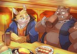 anthro blush brown_body detailed_background duo eyewear food glasses humanoid_hands kemono male overweight overweight_male yellow_body ayame42612 chardonnay_romancia griff_(chardonnay_romancia) jey_caroot lagomorph leporid mammal rabbit suid suina sus_(pig) wild_boar 2022 absurd_res hi_res