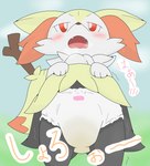 ambiguous_gender anthro blush bodily_fluids clothed clothing diaper diaper_only diaper_under_pseudo_clothing embarrassed exposed_diaper genital_fluids open_mouth pseudo_clothing pseudo_clothing_lift shaking solo standing text topless trembling unclean_diaper urine used_diaper wearing_diaper wet_diaper wetting wetting_diaper tomukemono nintendo pokemon braixen generation_6_pokemon pokemon_(species) japanese_text translation_request