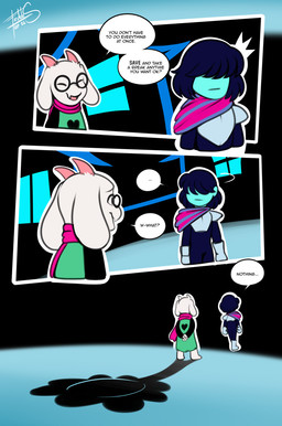 3_panel_comic anthro armor black_hair blue_body blue_skin clothing curved_horn dialogue dialogue_box duo fangs floppy_ears fur hair hair_over_eyes horn humor male male/male open_mouth open_smile scarf shirt smile teeth text topwear tunic white_body white_fur wide_eyed freckles_(artist) deltarune undertale_(series) kris_dreemurr ralsei bovid caprine darkner goat human mammal monster 2021 comic english_text
