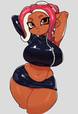 asymmetrical_clothing big_breasts bottomwear breasts brown_body brown_skin clothed clothed_female clothing curvy_figure eyebrows female front_view hands_behind_head midriff mouth_closed navel orange_eyes pink_tentacles pseudo_hair simple_background skirt small_waist solo tentacle_hair tentacles thick_thighs white_sclera wide_hipped_female wide_hips zipper_topwear dumbwitchyy nintendo splatoon agent_8_(splatoon) aquatic cephalopod inkling mollusk 2026 hi_res portrait three-quarter_portrait