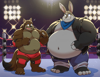4_toes anthro barazoku barefoot belly big_belly big_feet blue_bandana blue_kerchief bodily_fluids bottomwear brown_body brown_eyes brown_fur brown_hair clothing deep_navel denim denim_bottomwear denim_clothing duo ear_piercing eyeliner facial_piercing feet fighting_ring fur grey_body grey_fur hair jeans kerchief long_hair makeup male male/male multicolored_body musclegut muscular navel nervous nervous_smile nose_piercing overweight overweight_anthro overweight_male pants pecs piercing ring sleeveless_clothing sleeveless_jacket smug smug_face sweat toes two_tone_body whiskers wrestling wrestling_outfit uwsponge aaron_(dreykodrak) hyke_(hykewolffen) hykewolffen canid canine canis lagomorph leporid mammal rabbit wolf hi_res
