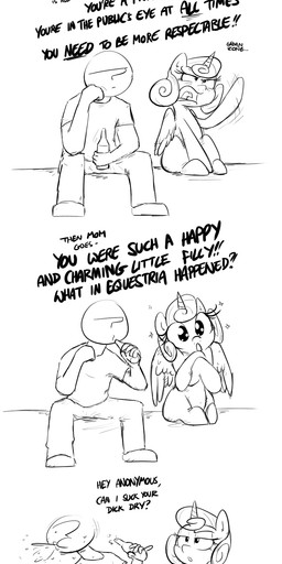 aged_up alcohol beer beverage dialogue duo feathered_wings feathers female horn humor male sitting text wings shoutingisfun friendship_is_magic hasbro my_little_pony mythology anon flurry_heart_(mlp) equid equine human mammal mythological_creature mythological_equine winged_unicorn comic english_text hi_res monochrome