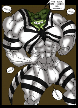 abs anthro big_bulge big_muscles big_pecs bulge clenched_teeth clothing eyes_closed growth huge_bulge huge_muscles hyper hyper_bulge hyper_muscles male muscle_growth muscular pecs sharp_teeth solo suit suit_transformation swelling teeth transformation vein veiny_muscles haggith anti_venom_(marvel) crocodile crocodilian reptile scalie symbiote hi_res