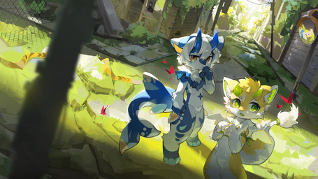 2_horns 4_fingers anthro biped blue_body blue_fur building chest_tuft day duo fingers fish_tail fluffy fluffy_tail fur green_eyes hair horn house inner_ear_fluff kemono light looking_at_viewer male outside road shadow standing sunlight tail tuft village white_body white_fur white_hair wings yellow_body yellow_eyes yellow_fur emolga_1 mythology aquatic arthropod butterfly dragon fish furred_dragon furred_fish furred_scalie insect lepidopteran mythological_creature mythological_scalie scalie 16:9 2026 absurd_res cel_shading digital_media_(artwork) digital_painting_(artwork) hi_res painting_(artwork) shaded wallpaper widescreen