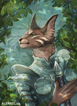 anthro armor brown_body brown_fur fantasy female fur green_eyes knight melee_weapon solo sword warrior weapon alerrel sino_the_knight felid feline mammal 2026 hi_res