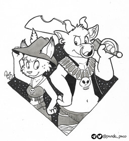 anthro clothed clothing duo ear_piercing ear_ring facial_piercing female female_anthro front_view holding_melee_weapon holding_object holding_sword holding_weapon horn logo looking_aside male male_anthro melee_weapon mouth_closed navel nose_piercing nose_ring overweight overweight_anthro overweight_male piercing ring_piercing septum_piercing septum_ring simple_background sword weapon pandapaco bovid felid mammal artist_logo monochrome signature