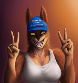 amber_eyes anthro big_ears breasts clothing female fur gesture hand_gesture happy looking_at_viewer multicolored_body nails shirt simple_background smile smiling_at_viewer solo tank_top teeth topwear two_tone_body v_sign taumaturg-iv meme_clothing please_be_patient_i_have_autism kyuu_(scarydrpepper) canid canine canis mammal red_wolf wolf digital_media_(artwork) hi_res meme