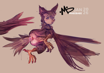 4_toes animal_genitalia anisodactyl anthro black_claws blush blush_lines brown_body brown_ears brown_eyes brown_feathers brown_wings claws cloaca feathered_wings feathers feet female female_anthro genitals grey_background head_turned logo lying mouth_closed multicolored_body multicolored_feathers nude nude_anthro nude_female on_side pink_cloaca pointy_ears prick_ears pupils scuted_legs scutes simple_background snout solo tan_body tan_feathers text toe_claws toes winged_arms wings yellow_scutes young young_anthro young_female mabibabi european_mythology greek_mythology mythology avian harpy mythological_avian mythological_creature 2026 absurd_res artist_logo artist_name dated hi_res watermark