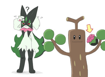 ambiguous_gender anthro brown_body claws directional_arrow duo featureless_crotch flat_chested flower_trick fur green_body green_fur green_hair hair looking_around pawpads paws question_mark red_eyes simple_background tail ylit nintendo pokemon felid feline generation_2_pokemon generation_9_pokemon mammal meowscarada pokemon_(species) sudowoodo 2024