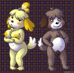 :< anthro balls big_breasts blonde_hair blush breasts brown_body brown_fur brown_hair chest_tuft dipstick_tail duo empty_eyes female foreskin fraternal_twins freckles fur genitals hair male markings multicolored_tail nipples nude pattern_background penis plaid plaid_background simple_background slightly_chubby smile tail tail_markings tuft vulva yellow_body yellow_fur brainsister animal_crossing nintendo digby_(animal_crossing) isabelle_(animal_crossing) canid canine canis domestic_dog mammal shih_tzu toy_dog 2013 hi_res brother_(lore) brother_and_sister_(lore) sibling_(lore) sister_(lore) twins_(lore)