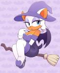 anthro black_nose blue_eyes breasts broom broom_riding cleaning_tool cleavage clothed clothing eyelashes eyeshadow female fully_clothed hair hat headgear headwear magic_user makeup open_mouth pattern_background simple_background solo white_hair wings witch witch_hat moozua sega sonic_the_hedgehog_(series) rouge_the_bat bat mammal 2019 absurd_res hi_res signature