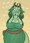 anthro big_breasts blue_eyes bodily_fluids breasts brown_horn cleavage clothed clothing dress ears_down female freckled_breasts freckled_face freckled_tail freckles green_body green_clothing green_dress green_hair green_skin hair hand_on_face heart_eyes heart_symbol horn leaf monotone_body open_mouth pivoted_ears solo sweat tail cobatsart mythology maple_(cobat) dragon mythological_creature mythological_scalie scalie 2017 mother_(lore) parent_(lore)