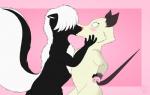 4_fingers anthro black_body black_fur blush duo erect_tail female female/female fingers french_kissing fur hair hair_over_eyes hand_around_waist kiss_on_lips kissing markings multicolored_body multicolored_fur pink_background pink_nose raised_tail red_nose semi-anthro simple_background striped_markings striped_tail stripes surprise surprise_kiss tail tail_markings white_body white_fur white_hair wide_eyed ky_(malamute) dreamworks over_the_hedge heather_(over_the_hedge) stella_(over_the_hedge) american_opossum mammal marsupial mephitid skunk virginia_opossum 2018 digital_media_(artwork) hi_res