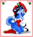 anthro biped blep blue_body blue_fur boots breasts christmas_clothing christmas_headwear cleavage clothed clothing female footwear fur hand_between_legs hat headgear headwear heterochromia holidays holly_(plant) inviting kissing_bough kneeling looking_at_viewer medium_breasts mistletoe pink_tongue plant pose raised_arm red_eyes santa_hat shoes solo tail thong tongue tongue_out underwear spunky_(artist) christmas spunky_(spunky) canid canine canis domestic_dog mammal 2005 pinup