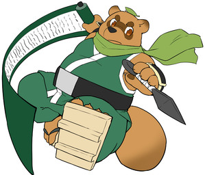 anthro belly brown_body brown_fur fur leaf male overweight overweight_anthro overweight_male simple_background solo weapon white_background 12beat13 canid canine mammal raccoon_dog tanuki 2015