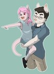 arkaid clothed clothing duo female francis_(arkaid) gesture hair hand_gesture happy hi_res male male/female pink_hair pointing pyravia red_eyes smile young
