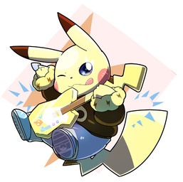ambiguous_gender bottomwear clothing coat dipstick_ears ear_markings electric_guitar footwear guitar multicolored_ears musical_instrument one_eye_closed pants plucked_string_instrument semi-anthro smile solo string_instrument tongue tongue_out topwear wink yellow_body tatu_wani nintendo pokemon generation_1_pokemon pikachu pokemon_(species) 2019 hi_res