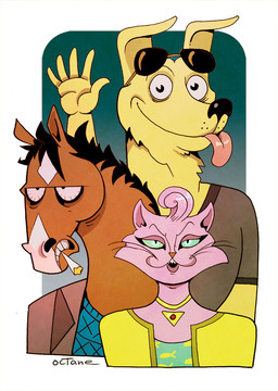 abstract_background annoyed anthro black_hair black_mane bloodshot_eyes brown_body brown_fur cigarette clothing eyewear female fur group hair happy jacket jewelry male mane necklace pink_body pink_fur shirt smile smoking sunglasses t-shirt tongue tongue_out topwear v-neck yellow_body yellow_fur octane_(artist) bojack_horseman netflix bojack_horseman_(character) mr._peanutbutter princess_carolyn bird_dog canid canine canis domestic_cat domestic_dog equid equine felid feline felis horse hunting_dog labrador mammal retriever 2020 signature