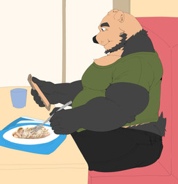 5_fingers alfredo beard black_bottomwear black_clothing black_pants bottomwear cellphone chicken_meat clothed clothing cutlery electronics facial_hair fingers food fork green_clothing green_shirt green_topwear holding_object holding_phone kitchen_utensils male meat obese obese_male overweight overweight_male pants pasta phone shirt sitting smartphone solo tools topwear jumperbear rouen_(blazingfrostwolf) bear mammal hi_res