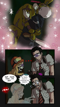 3_panel_comic 5_fingers anthro beanie black_bottomwear black_clothing black_eyewear black_glasses black_gloves black_handwear black_mask black_pants black_shirt black_topwear blonde_eyebrows blonde_hair blue_clothing blue_eyes blue_topwear bodily_fluids bottomwear clothed clothed_female clothed_human clothed_humanoid clothed_male clothing crying dialogue ellipsis eyebrows eyelashes eyelashes_through_hair eyewear eyewear_on_head fading_away female female_human fingerless_gloves fingers forest fully_clothed fully_clothed_humanoid fully_clothed_male gesture glasses gloves goggles goggles_on_head green_body grey_dress_shirt grey_hair group hair hand_gesture hand_on_arm handwear hat headgear headwear hearts_around_body holding_machete holding_melee_weapon holding_object holding_weapon hud hug hugging_another impalement interspecies kiss_on_lips larger_anthro larger_male long_ears long_hair looking_at_viewer machete machine male male/male male_anthro male_human male_humanoid melee_weapon necktie nervous nervous_sweat noseless orange_beanie orange_clothing orange_hat orange_headwear outside panicking pants pattern_necktie plant pockets profanity red_body red_skin shirt short_hair size_difference smaller_humanoid smaller_male speech_bubble striped_necktie sweat tears tears_of_desperation text topwear translucent translucent_hair tree v_sign weapon worried_look yelling yelling_at_another residentquentinmain dead_by_daylight five_nights_at_freddy's five_nights_at_freddy's_3 nileseyy_niles_disappears scottgames tokyo_ghoul dwight_fairfield ken_kaneki nea_karlsson springtrap_(fnaf) animatronic half-ghoul_(tokyo_ghoul) human humanoid hybrid lagomorph leporid mammal rabbit robot 2025 9:16 colored comic crossover digital_drawing_(artwork) digital_media_(artwork) english_description english_text hi_res meme shaded