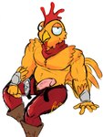 anthro beak belly bottomwear bottomwear_down clothed clothing erection feathers footwear genitals glistening glistening_body glistening_feathers humanoid_genitalia humanoid_penis kerchief looking_at_viewer male musclegut muscular muscular_male overweight overweight_anthro overweight_male pants pants_down partially_clothed pecs penis shoes simple_background sitting solo topless white_background yellow_beak yellow_body yellow_feathers paraparasect epic_games fortnite tender_defender avian bird chicken galliform gallus_(genus) phasianid digital_drawing_(artwork) digital_media_(artwork) hi_res