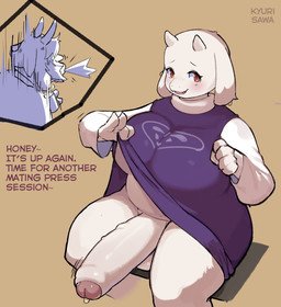 anthro balls becoming_erect big_breasts big_penis bodily_fluids breasts clothed clothing clothing_lift crossgender curvy_figure cutaway dialogue dress dress_lift duo expression_cutaway foreskin from_front_position ftg_crossgender fti_crossgender fur genital_fluids genitals glistening glistening_body gynomorph gynomorph_focus half-erect horn huge_breasts huge_penis humanoid_genitalia humanoid_penis humor hyper hyper_genitalia hyper_penis intersex intersex_focus mature_anthro mature_gynomorph mature_intersex penis precum sex simple_background slightly_chubby slightly_chubby_anthro slightly_chubby_gynomorph slightly_chubby_intersex smile solo_focus spitting_drink term_of_endearment text thick_thighs voluptuous voluptuous_anthro voluptuous_gynomorph voluptuous_intersex white_body white_fur wide_hips kyurisawa undertale undertale_(series) asgore_dreemurr toriel boss_monster_(undertale) bovid caprine mammal 2020 english_text hi_res lol_comments