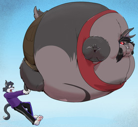 anthro belly biped black_body black_fur black_hair body_inflation claws clothed clothing duo expansion feet floating foot_grab fur grey_body grey_fur hair helium_inflation helpless immobile inflation male open_mouth panicking puffed_cheeks spherical_inflation tight_clothing toe_claws white_body white_fur xinjinmeng domestic_cat felid feline felis lagomorph leporid mammal rabbit hi_res