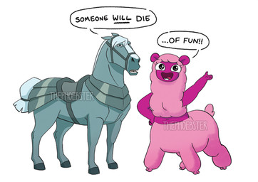 armor black_eyes blue_body blue_hair blue_mane bridle dialogue duo exclamation_point female feral frown fur grumpy hair happy hooves mane navel open_mouth pink_body pink_fur pink_skin pink_wool reins saddle scut_tail short_tail speech_bubble tail unguligrade wool_(fur) thephoebster centaurworld netflix horse_(centaurworld) wammawink camelid equid equine horse hybrid llama mammal taur 2021 digital_drawing_(artwork) digital_media_(artwork) watermark