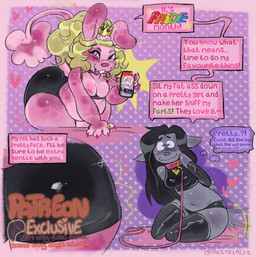 anthro arms_tied bdsm black_hair blonde_hair blush bound breasts butt claws clothed clothing collar crown duo female female/female fur grey_body grey_fur hair hands_behind_back headgear leash leather leather_clothing leather_topwear lgbt_pride open_mouth pink_body pink_collar pink_fur pride_color_flag pride_colors tail tail_motion tailwag text topwear pastelassz effie_the_skunk canid canine mammal mephitid skunk absurd_res english_text hi_res