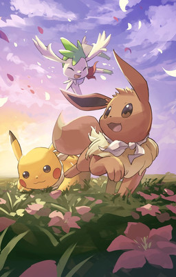 :3 ambiguous_gender brown_body brown_eyes brown_fur eyes_closed female feral flower flying fur grass group open_mouth paws petals plant sky tail tongue trio white_body wings yellow_body hakkentai_pkdn nintendo pokemon pokemon_mystery_dungeon spike_chunsoft eevee generation_1_pokemon generation_4_pokemon legendary_pokemon pikachu pokemon_(species) shaymin sky_forme_shaymin 2024 hi_res