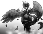 anthro beret big_butt black_hair boots bottomwear butt clothed clothing feathered_wings feathers female footwear hair hat headgear headwear horse_tail legwear ponytail rear_view shoes shorts solo tail thigh_boots thigh_highs wings itzjaylock mythology equid equine mammal mythological_creature mythological_equine pegasus greyscale hi_res monochrome