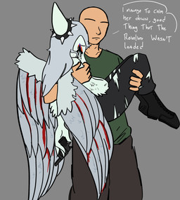 anthro black_bottomwear black_clothing black_pants blood bloody_wings blue_body bodily_fluids bone_frill bottomwear bridal_carry carrying_another clothed clothed_anthro clothed_female clothed_human clothed_male clothing crying dialogue distressed duo elbow_feathers eyes_closed feathered_wings feathers female fingers frill_(anatomy) front_view frown green_clothing green_shirt green_topwear grey_background grey_body grey_bottomwear grey_clothing grey_feathers grey_pants gun handgun holding_gun holding_object holding_ranged_weapon holding_weapon human_on_anthro humanoid_hands interspecies makeup male male/female pants pistol ranged_weapon running_makeup sad shirt simple_background speech_bubble standing talking_to_another tears text topwear torn_bottomwear torn_clothing torn_pants weapon wings lugerhk third-party_edit cavemanon_studios goodbye_volcano_high ko_op_(game_developer) snoot_game anon_(snoot_game) fang_(gvh) human mammal prehistoric_species pterosaur reptile scalie colored english_text hi_res