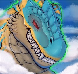 aircraft airplane ambiguous_gender cloud fangs feral giga growth_lines looking_down looming macro red_eyes sky skyscape solo teeth toothy_grin vehicle aeronus capcom monster_hunter grev_(greviste) flying_wyvern tigrex