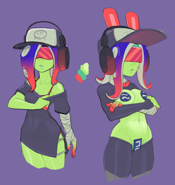 baseball_cap blue_hair bow_tie breasts clothing costume crossed_arms dipstick_hair electronics eyewear fake_ears fake_rabbit_ears female front_view green_body green_skin hair hat headgear headphones headwear maebari navel pasties pseudo_hair purple_background red_bow_tie red_hair reverse_bunny_costume simple_background solo sunglasses tentacle_hair tentacles thick_thighs wide_hips random-crit nintendo splatoon acht_(splatoon) animal_humanoid aquatic aquatic_humanoid cephalopod cephalopod_humanoid humanoid mollusk mollusk_humanoid octarian octoling octopus_humanoid sanitized_octarian sanitized_octoling hi_res