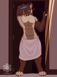 abs armpit_hair body_hair doorframe male nails nipples paws pecs solo towel waking_up flomarcy axel_(projektrox) canid canine canis mammal absurd_res hi_res