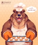 ambiguous_gender anthro apron biped black_nose brown_body brown_fur chef_hat clothing cookie eyes_closed food fur hat headgear headwear overweight solo text ginkko bear mammal 2021 absurd_res english_text hi_res