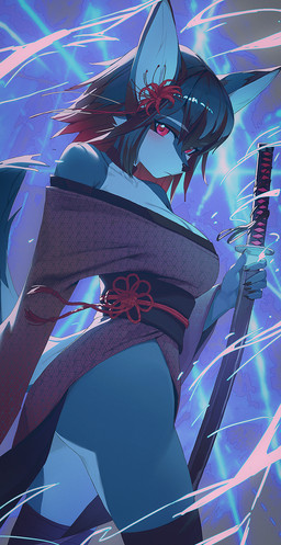 5_fingers anthro asian_clothing biped blue_body blue_fur blue_hair blue_tail blush breasts butt claws clothed clothed_anthro clothed_female clothing countershade_fur countershade_torso countershading east_asian_clothing female finger_claws fingers fur hair holding_melee_weapon holding_object holding_sword holding_weapon japanese_clothing kimono looking_at_viewer melee_weapon red_eyes solo standing sword tail weapon pinkerie canid canine fox mammal 2025 digital_drawing_(artwork) digital_media_(artwork) hi_res
