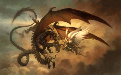ambiguous_gender armor blonde_hair breasts claws cloud duo feathered_wings feathers female feral flying hair holding_melee_weapon holding_object holding_shield holding_sword holding_weapon melee_weapon membrane_(anatomy) membranous_wings open_mouth shield size_difference sword tail weapon wings greg_staples hasbro magic:_the_gathering mythology wizards_of_the_coast angel dragon humanoid mythological_creature mythological_scalie scalie winged_humanoid 2005 absurd_res hi_res official_art