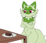 ambiguous_gender anthro anthrofied belly brownies crossed_arms curvy_figure dessert dialogue drugs edible featureless_crotch food frown fur furniture green_body green_fur humor looking_at_food looking_at_object looking_at_viewer marijuana navel nude open_mouth plate pokemorph profanity red_eyes simple_background smile solo standing stoned substance_intoxication surprise surprised_expression table talking_to_viewer teeth the_truth thick_thighs tongue tuft k1ko sound_warning cartoon_network jerma985 nintendo pokemon regular_show this_edible_ain't_shit felid feline generation_9_pokemon mammal pokemon_(species) sprigatito 2022 2d_animation animated english_audio frame_by_frame hi_res high_framerate meme short_playtime signature sound webm