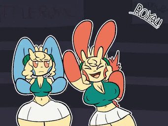 after_transformation anthro anthrofied big_breasts biped blue_ears bottomwear bouncing_breasts breasts cheek_spots cheerleader cheerleader_outfit cleavage clothed clothing crop_top dialogue duo earband female female_anthro hair happy huge_breasts jumping miniskirt minus_sign nipple_outline orange_eyes plus_sign pokemon_professor pokemorph red_ears shirt short_hair skirt text topwear waving_arms yelling yellow_body chabble nintendo pokemon professor_burnet generation_3_pokemon lagomorph mammal minun plusle pokemon_(species) animated short_playtime video