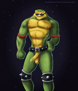 added_anatomy anthro balls belt erection eyewear front_view genitals glans green_body green_glans green_nipples grin humanoid_genitalia humanoid_penis male muscular muscular_anthro muscular_male narrowed_eyes naturally_unclothed nipples nude penis red_eyes simple_background smile solo spiked_belt spikes standing sunglasses text vein veiny_muscles yellow_balls yellow_body yellow_penis satanic_monkey battletoads rareware rash_(battletoads) amphibian frog toad_(frog) hi_res portrait three-quarter_portrait url