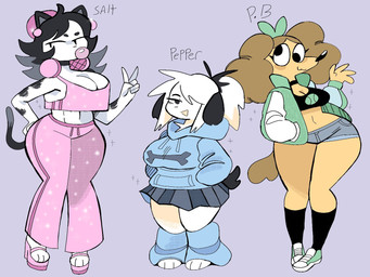 abs anthro athletic athletic_female big_breasts black_clothing black_ears black_eyebrows black_hair black_stripes black_tail blowing_bubble_gum blue_clothing bottomwear breasts brown_hair bubble bubble_gum candy clothed clothing curvy_figure derp_eyes dessert dwarfism eyebrows female floppy_ears fluffy_ears food footwear fur green_clothing grey_clothing group gum hair inflating jacket markings multicolored_ears navel open_mouth pink_clothing shorts shortstack simple_background skirt smile socks stripes tail tenshi_kaiwai text topwear white_body white_fur y2k_(fashion) yellow_body yellow_fur puppkittyfan1 peanut_butter_(puppkittyfan1) pepper_(fawnpawss) salt_(puppkittyfan1) canid canine canis domestic_dog felid mammal 2022 4:3 digital_media_(artwork) hi_res