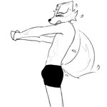 anthro black_line_art boxer_briefs boxer_briefs_only bulge clenched_teeth clothed clothing dipstick_tail eyebrows eyes_closed floppy_ears fur gloves_(marking) grey_line_art male markings open_mouth raised_tail side_view simple_background slim snout solo standing stretching tail tail_markings teeth topless underwear underwear_only white_background winterfrost winterfrost_(winterfrost) canid canine canis domestic_dog mammal 1:1 2025 digital_media_(artwork) greyscale hi_res monochrome portrait three-quarter_portrait